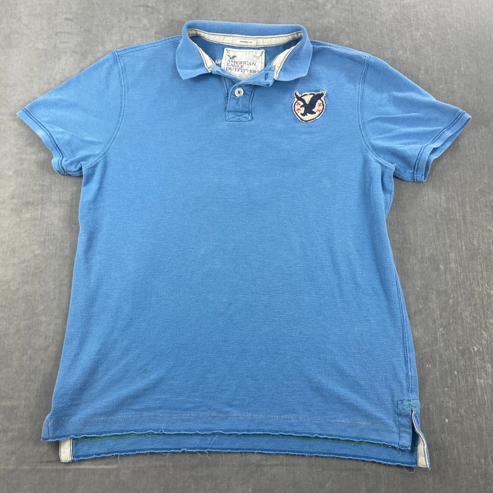 American Eagle Mens X-Large Blue Polo Shirt Vintage Fit Distressed Graphic